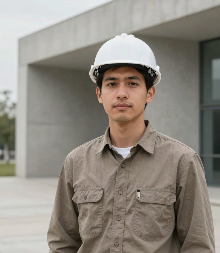 Professional portrait of a young male environmental engineer, outdoor setting with clean modern architectural concrete background, overcast daylight, muted earth tones.