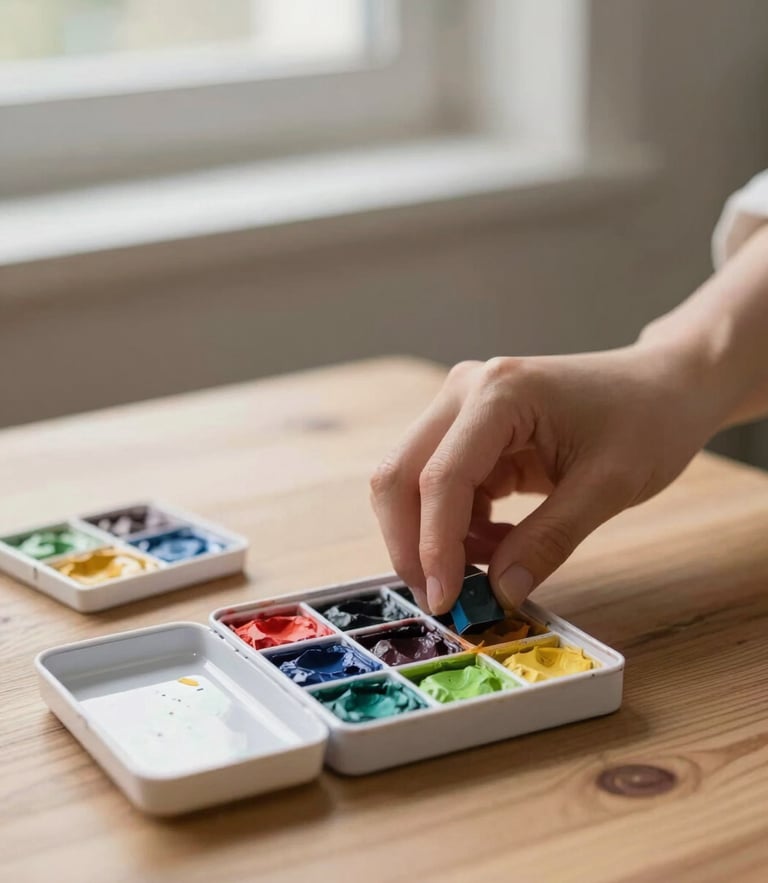 Hands carefully arranging dry watercolor pans on a clean wooden table, soft natural window light, muted slate background, shallow depth of field.