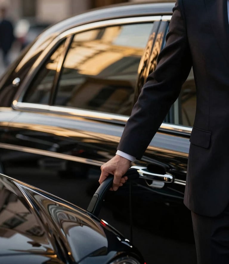 Cinematic close-up of a professional chauffeur in a tailored dark suit opening the door of an immaculate black luxury car, golden-hour city light reflections on the polished vehicle body, shallow depth of field, 85mm lens