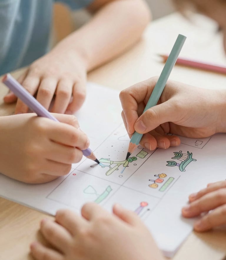 A close-up of children's hands coloring a printed activity sheet with soft pastel colored pencils, warm morning light, shallow depth of field, 35mm