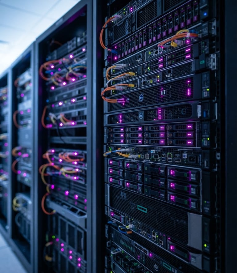 Sleek corporate technology photography, close-up of server racks with glowing purple and magenta LED accents, sharp focus, 35mm lens