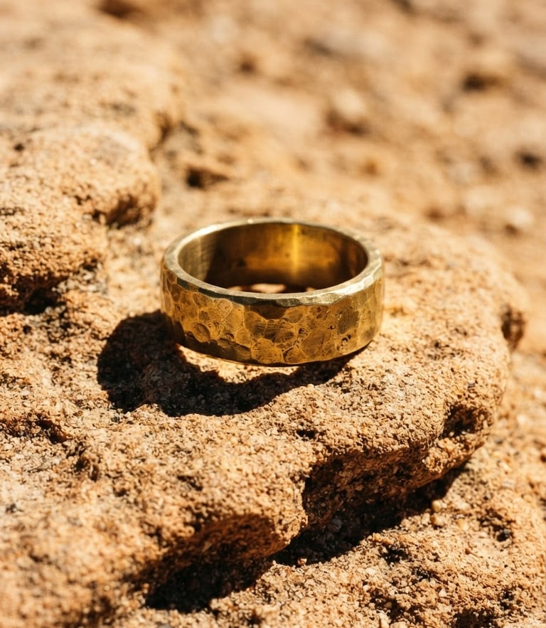 Macro shot of a heavy hand-hammered brass ring resting on textured sandstone under harsh, direct desert sunlight with sharp, dramatic shadows