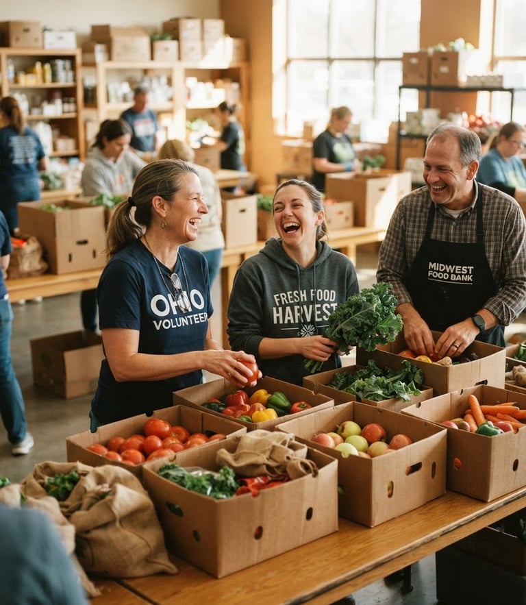 Warm candid photo of Ohio volunteers laughing while packing fresh produce boxes in a bright community center, natural daylight, 35mm