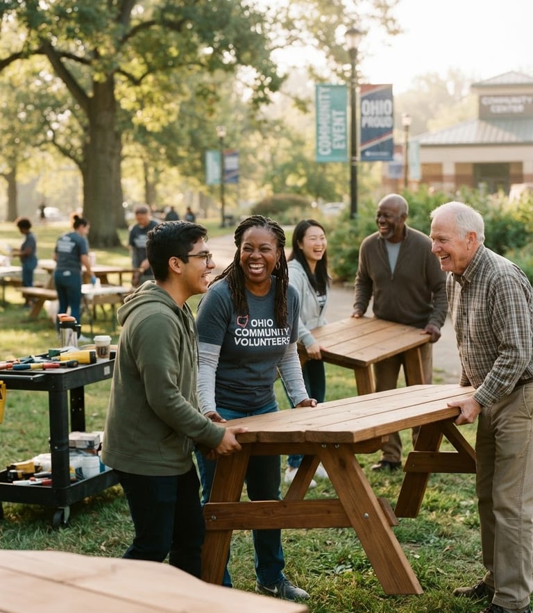 Warm candid photo of Ohio volunteers of diverse ages laughing together while setting up outdoor community tables under soft morning sunlight, 35mm
