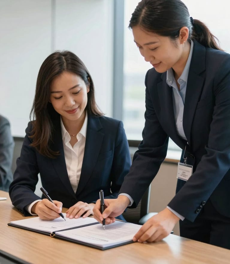 A professional corporate meeting room where a female executive and an NGO director are signing an alliance agreement, bright natural light, smiling