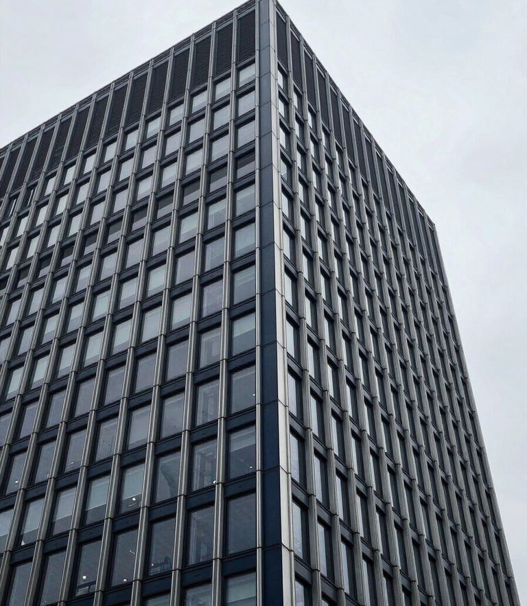 Low-angle architectural detail of a modern European financial headquarters, cool overcast daylight, desaturated navy tones, 35mm