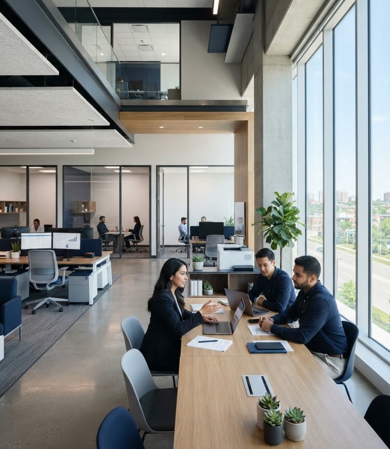 A bright, modern corporate office in Brampton, Ontario, with natural window light, clean architectural lines, and a professional workspace layout.