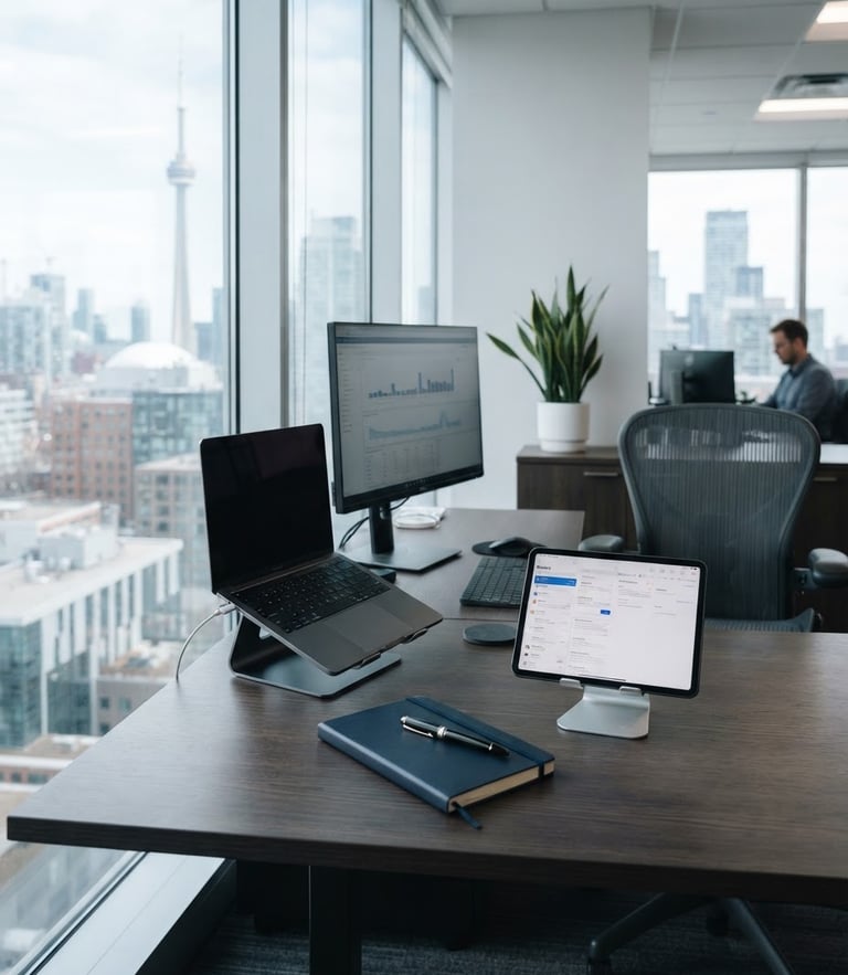 A clean corporate office in Ontario, bright natural window light, a professional desk setup with a tablet and notebook, cool navy and grey tones, 35mm.