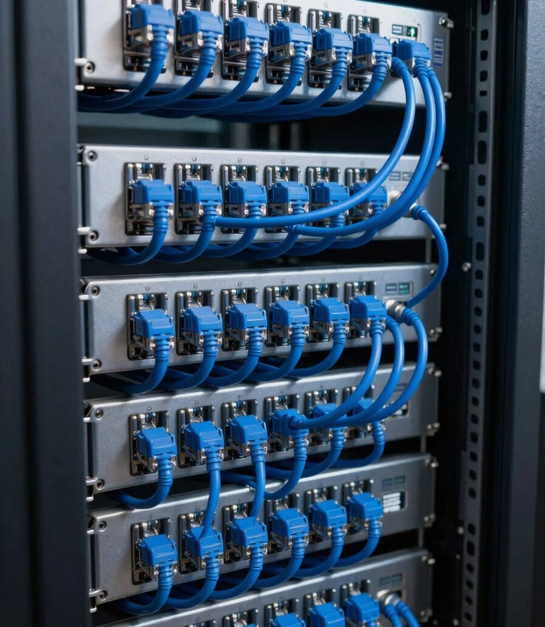 Clean server rack with perfectly organized blue ethernet cables, sharp focus, cool professional lighting