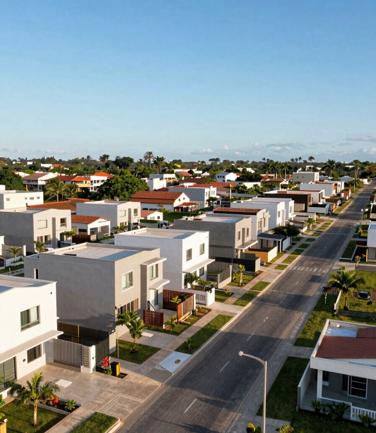 Drone shot of a beautifully structured, completed residential allotment in Pernambuco, clean paved streets, green areas, bright clear blue sky, warm daylight.