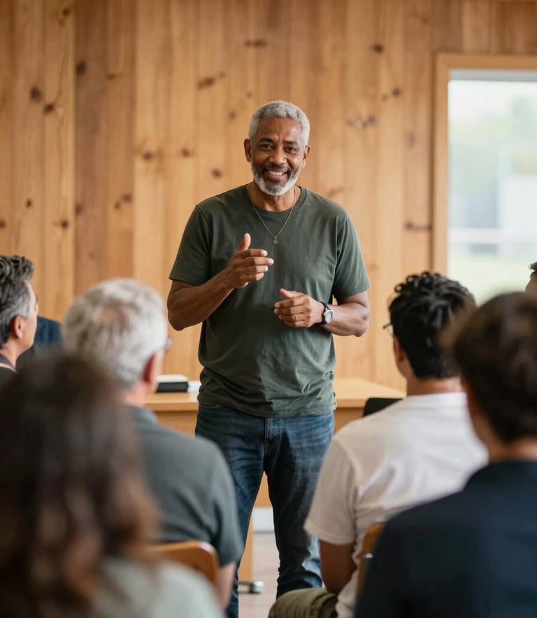 A candid medium shot of a local community leader speaking warmly to a group of listeners in a naturally lit, wood-paneled community room.