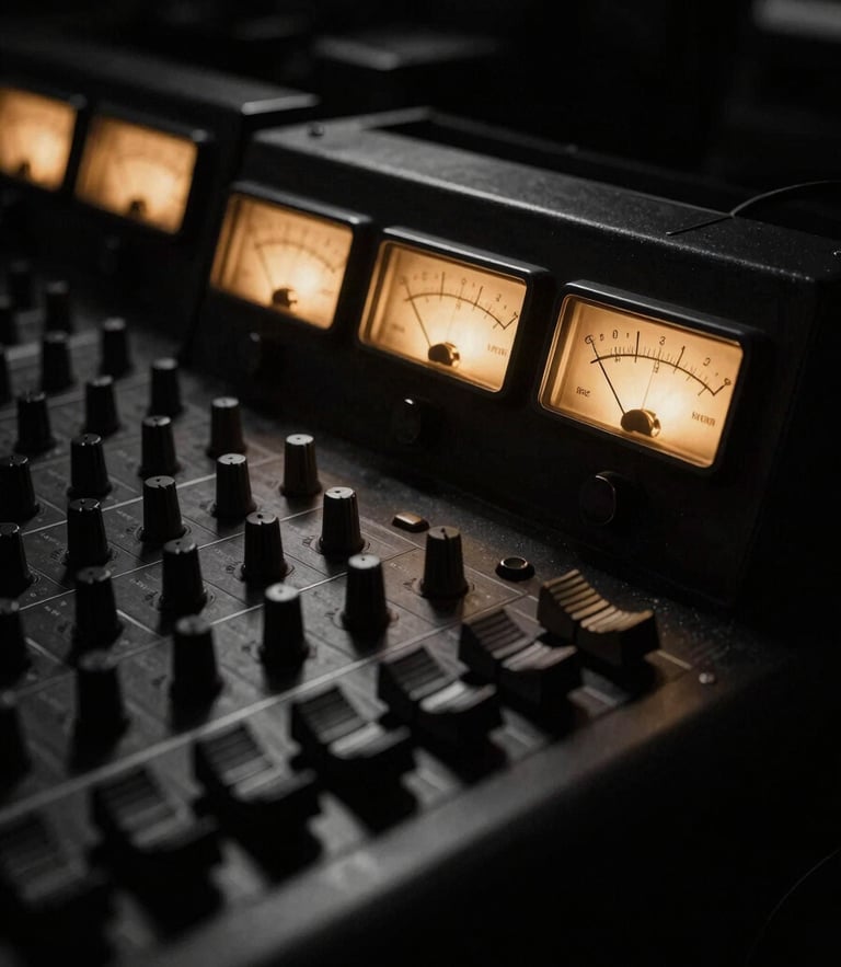High-contrast cinematic film photography of a vintage analog mixing console with glowing warm gold VU meters, deep shadows, 35mm anamorphic lens