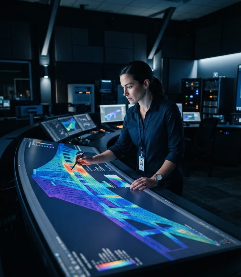 An engineer analyzing a complex finite element analysis FEA structural model on a large screen in a dark high-tech control room, cool blue tones with sharp orange accents, cinematic lighting