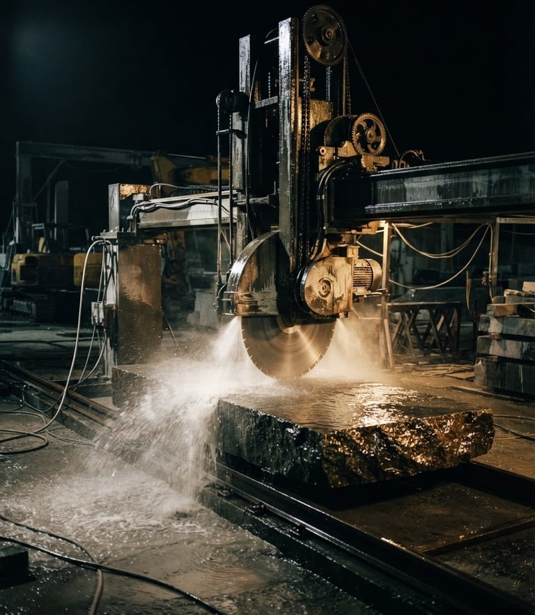 Dramatic low-key industrial photography of a massive bridge saw cutting a granite block with water spray, golden highlights reflecting off wet stone and polished steel, sharp contrast, 35mm