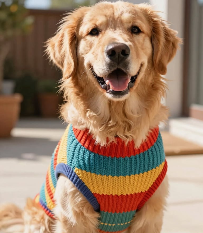 A happy fluffy golden retriever wearing a custom-tailored colorful knit sweater, sitting comfortably on a sunny patio, warm natural daylight, close-up eye-level shot