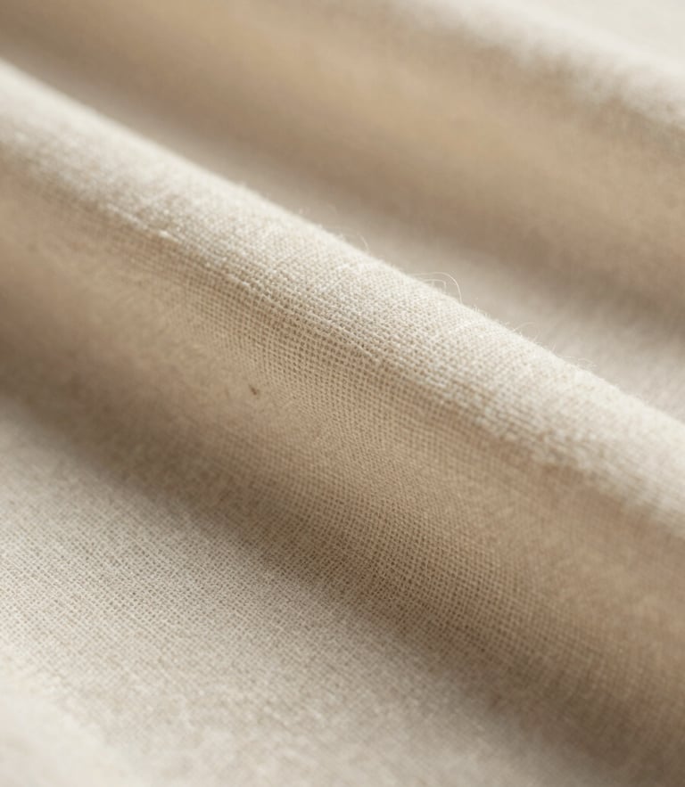 Extreme close-up macro shot of raw organic linen-silk weave, soft-directional daylight casting gentle warm shadows, showcasing pristine textile craftsmanship.