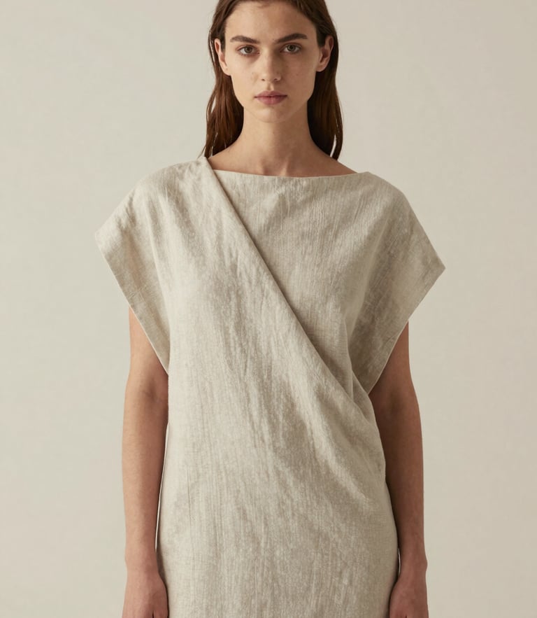 Portrait of a model wearing a monolithic draped dress in raw linen, soft diffused north-facing daylight, minimalist cream background.