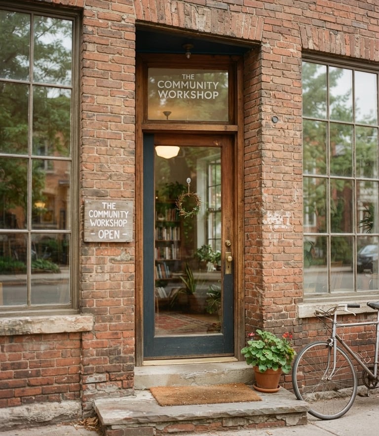 A quiet medium shot of a local learning center doorway, soft natural light reflecting off brickwork and glass, warm documentary style, 35mm film.
