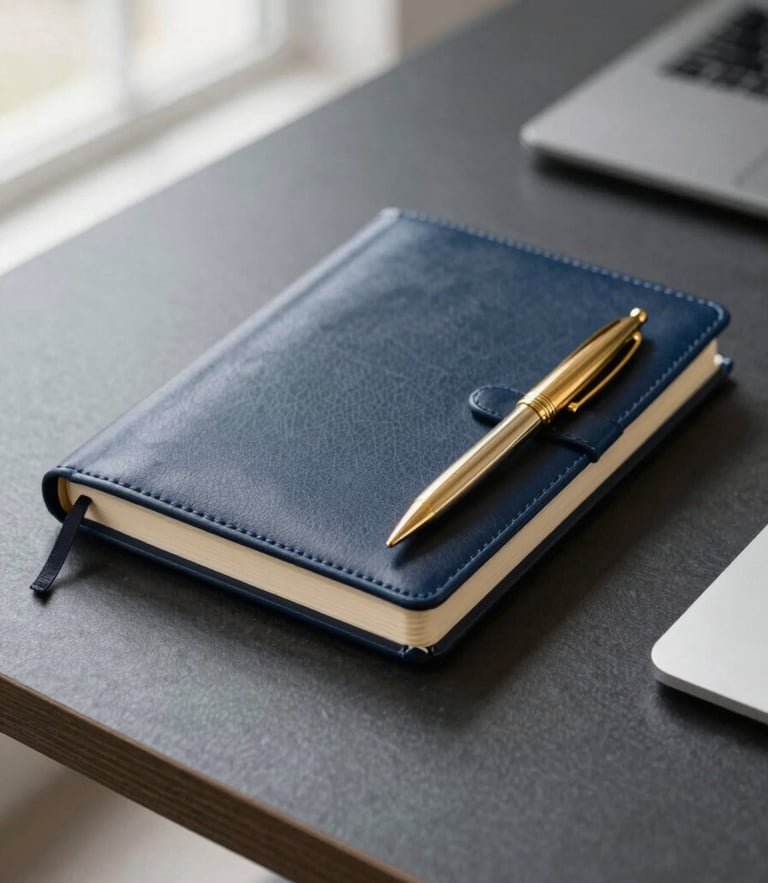 Clean professional office desk with a leather notebook and a gold pen, bright natural daylight, deep navy tones, editorial style, 35mm