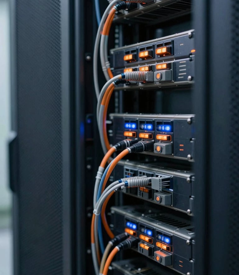 Macro shot of clean, high-density server rack cabling with subtle orange and blue status lights, crisp natural daylight, technical depth of field