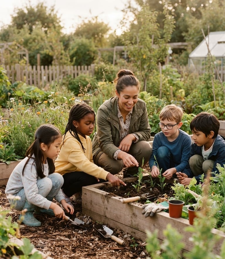 A local teacher guiding children through an outdoor science lesson under warm overcast daylight, medium shot showing authentic collaboration and agency