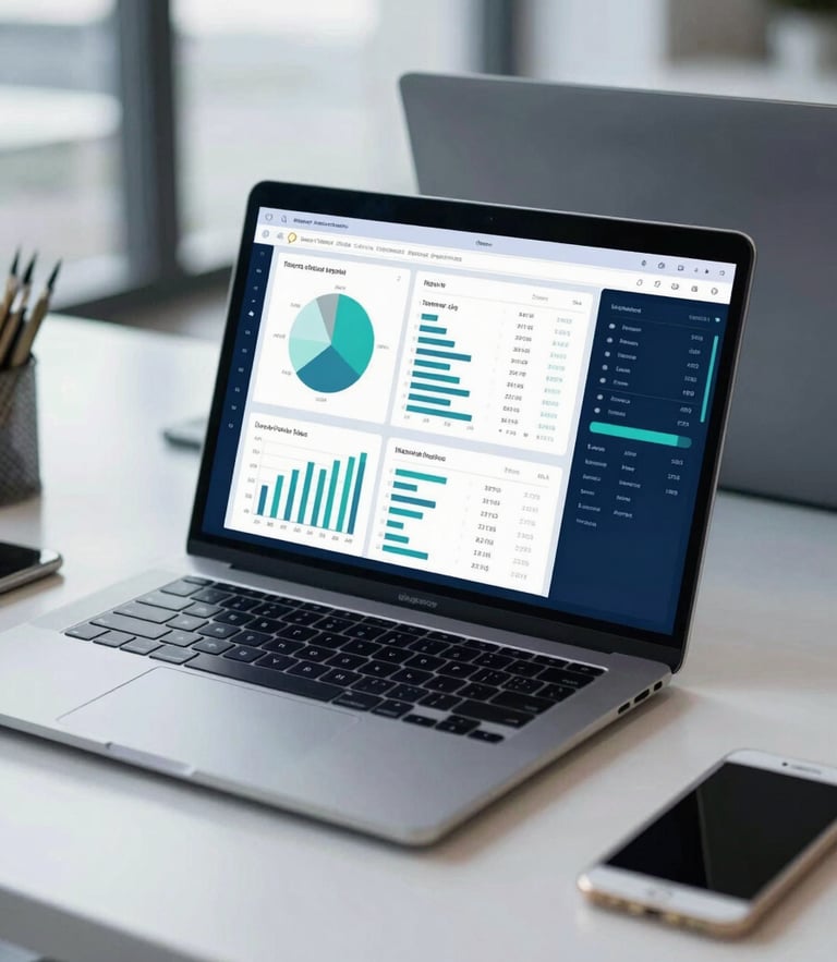 Crisp editorial photography of a clean modern tech workspace in cool natural daylight, showing a laptop with analytics dashboards, deep blue tones, sharp focus, 35mm lens.