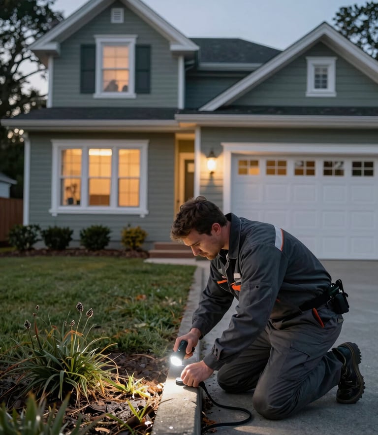 Crisp early morning shot of an Oakland craftsman home exterior, a professional technician in branded charcoal gear inspecting the foundation line with a flashlight.