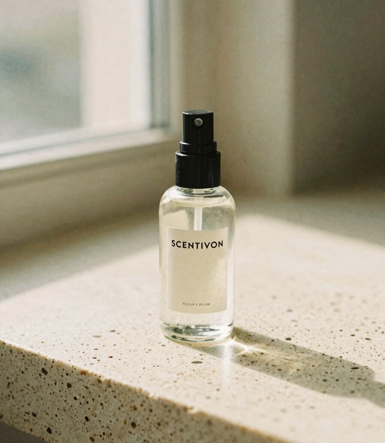 A minimalist glass bottle of Scentivon room spray on a raw travertine stone surface, soft morning window light, warm sand tones, 35mm film texture