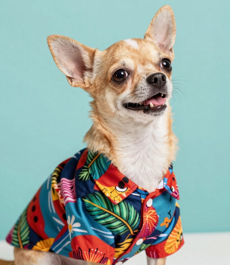 Bright studio pet photography, a happy chihuahua wearing a colorful Mexican tropical shirt looking up, soft daylight, teal background