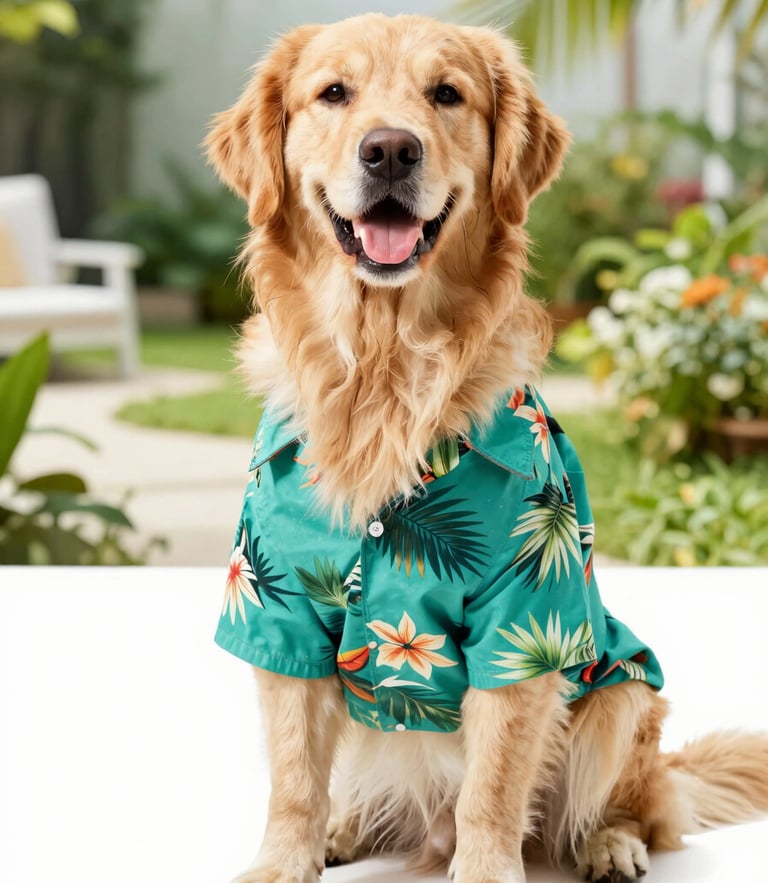 A happy golden retriever wearing a vibrant teal tropical shirt, sitting comfortably in a bright sunlit garden, eye-level shot