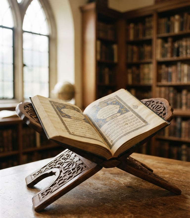 Warm editorial photography of an open Quran on a wooden rehal, soft natural window light, textured parchment, library background, shallow depth of field, 35mm