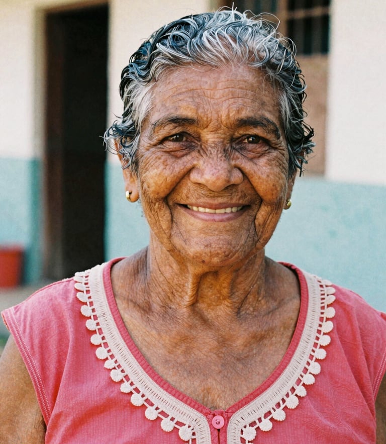 Warm editorial portrait of an 81-year-old Brazilian woman, Dona Zuleide, with a kind and hopeful smile, soft natural sunlight, authentic community setting