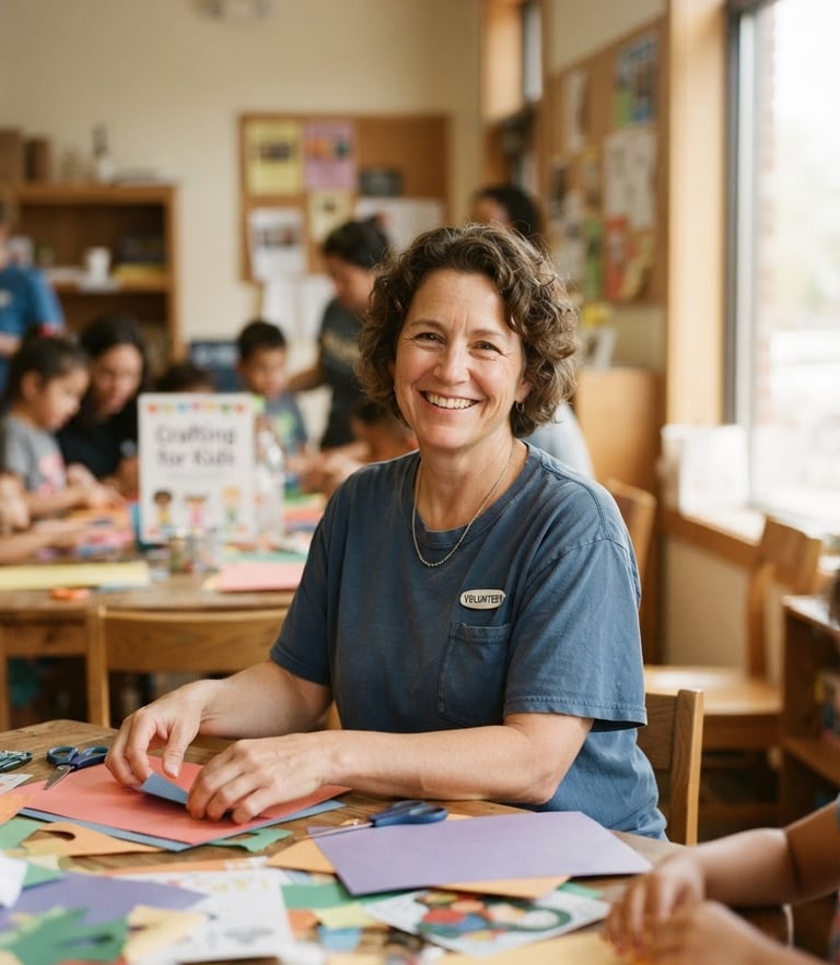 Warm portrait of a friendly Ohio volunteer in a community center, smiling genuinely, soft natural window light, shallow depth of field, 35mm lens.