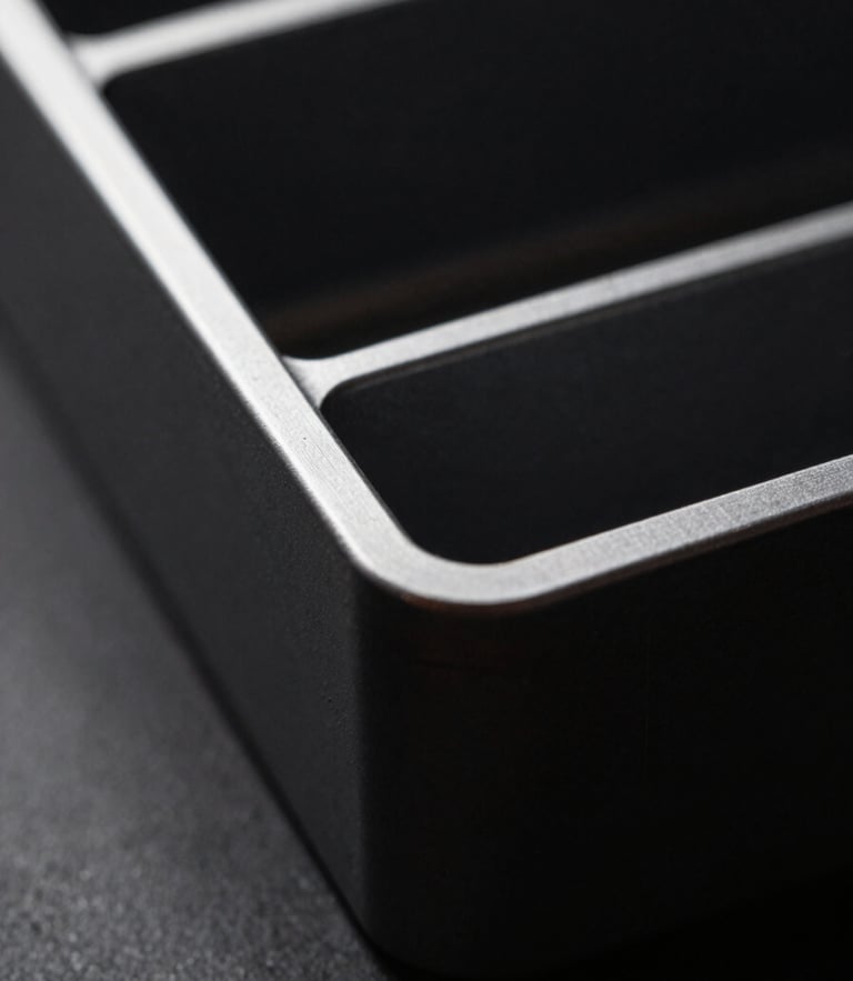 Macro detail of a dark anodized aluminum desk organizer, sharp highlights, dramatic side-lighting, deep shadows