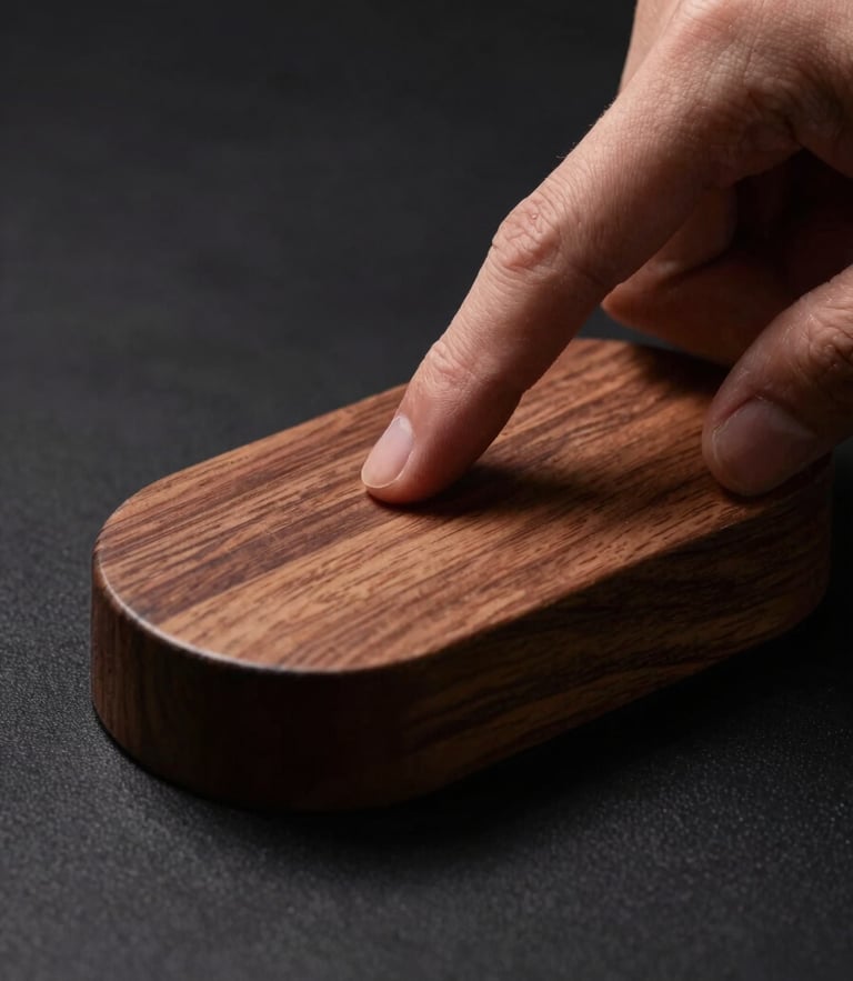 Close-up of a hand touching a solid walnut charging dock, warm wood grain, moody directional lighting, dark background