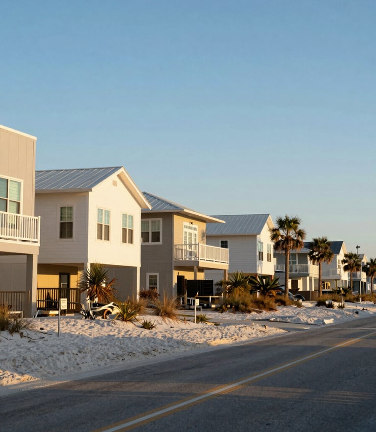 A wide environmental shot of a coastal Florida street near Jacksonville Beach, warm golden-hour sunlight casting soft shadows on clean modern residential architecture.