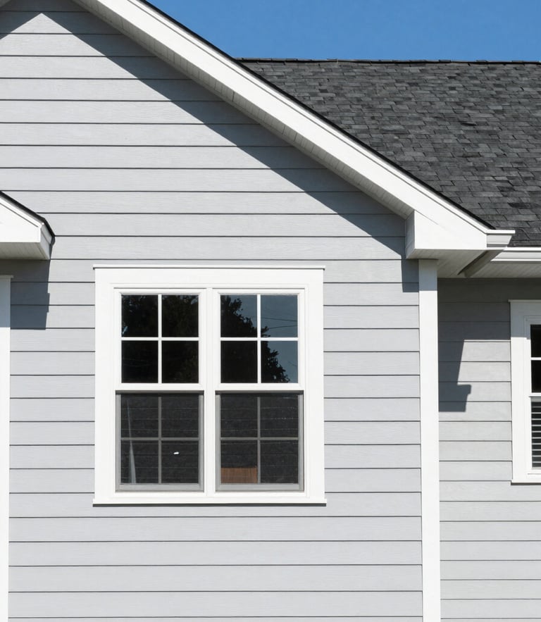 Bright crisp exterior photography of a pristine house with clean light grey siding and a dark shingle roof, direct midday sunlight, high contrast, sharp focus, 35mm