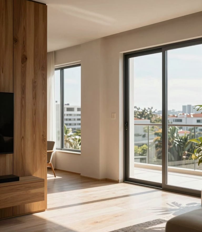 Sun-drenched modern apartment interior in Brazil, natural light pouring through large windows, clean and minimalist design, warm wood accents.