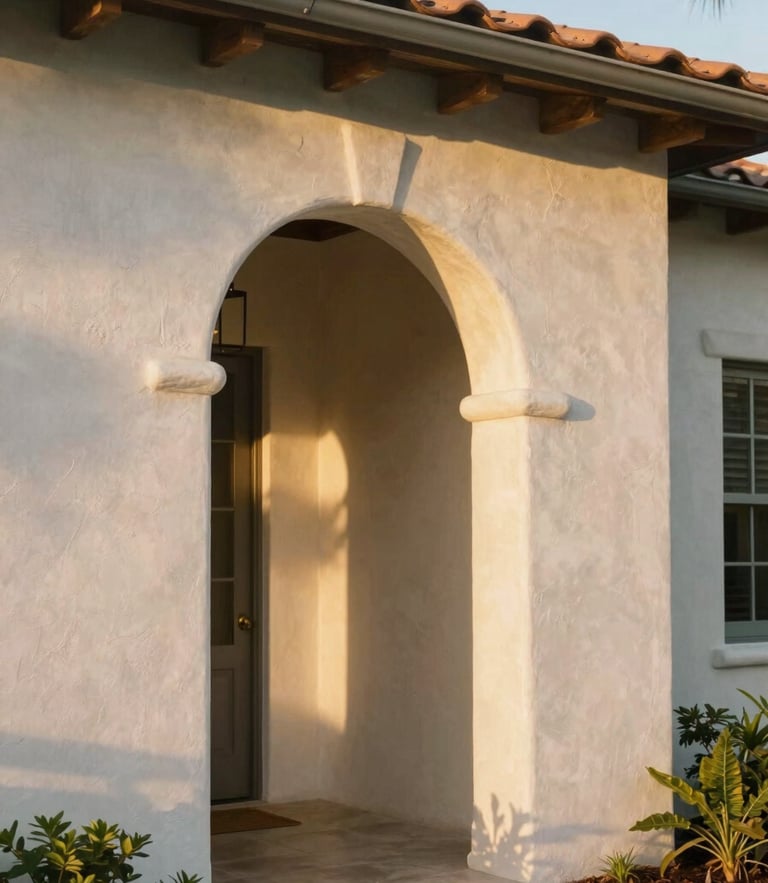 Warm golden-hour sunlight hitting an elegant stucco archway of a coastal Florida home, soft shadows, 35mm lens
