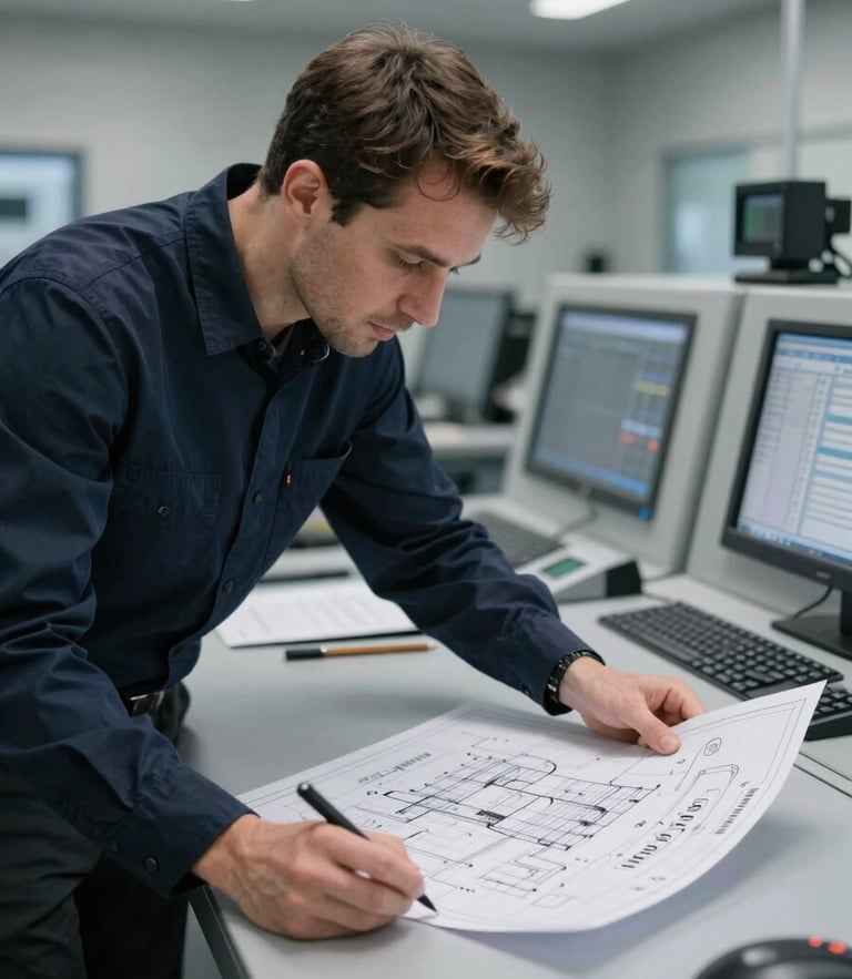 Industrial engineer reviewing blueprint schematics in a modern control room, natural slate gray tones, 35mm lens