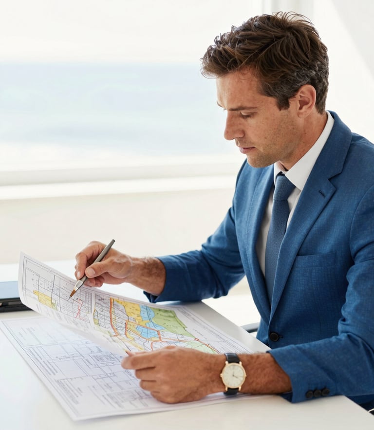 Bright high-key environmental portrait of a professional advisor reviewing a physical blueprint map on a clean white desk with soft morning light.