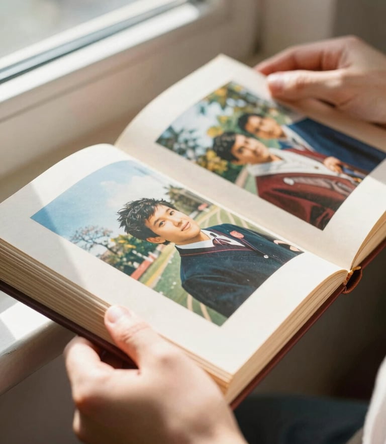 Close-up of warm hands holding a vintage photo album under bright morning window light, rich vibrant colors, shallow depth of field