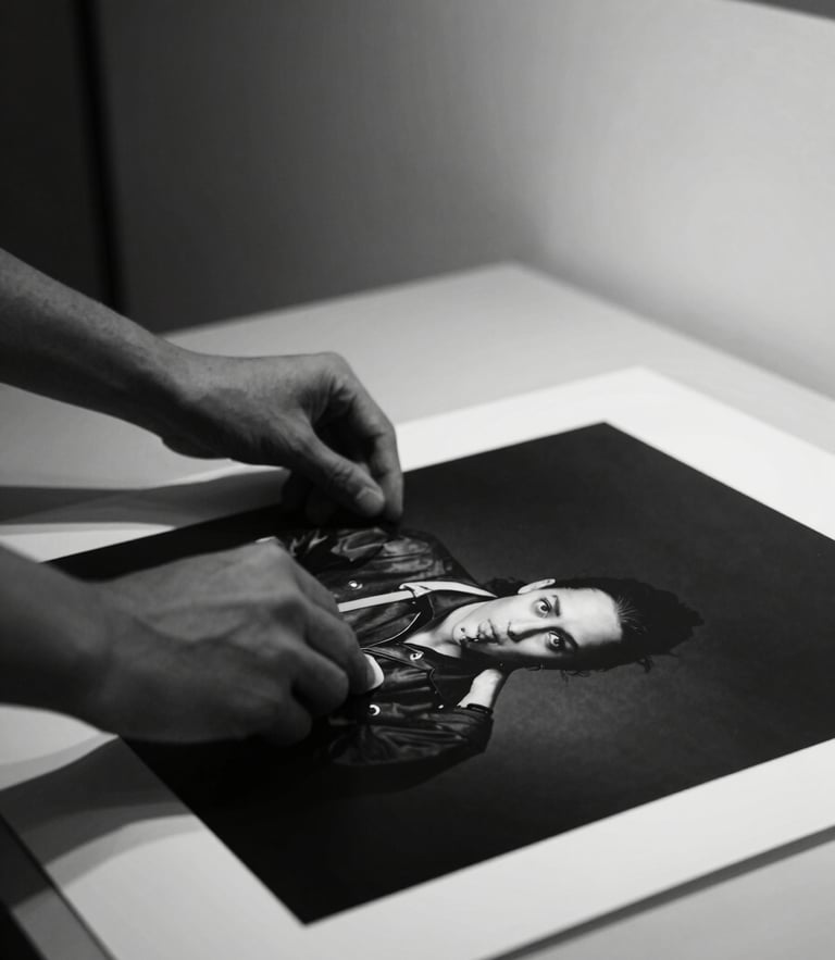 Extreme close-up of a photographer's hands carefully inspecting a large black and white archival print in a minimalist gallery setting, dramatic chiaroscuro lighting, deep shadows