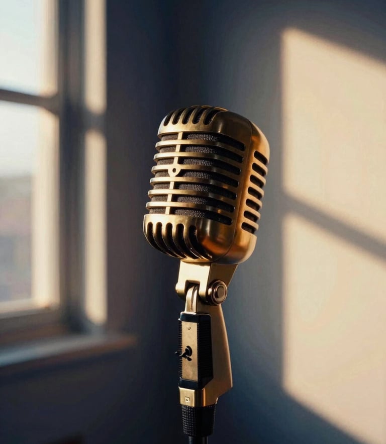 Tight geometric close-up of a vintage brass microphone in a quiet studio corner, warm golden-hour window light casting long shadows, deep navy tones, 35mm film