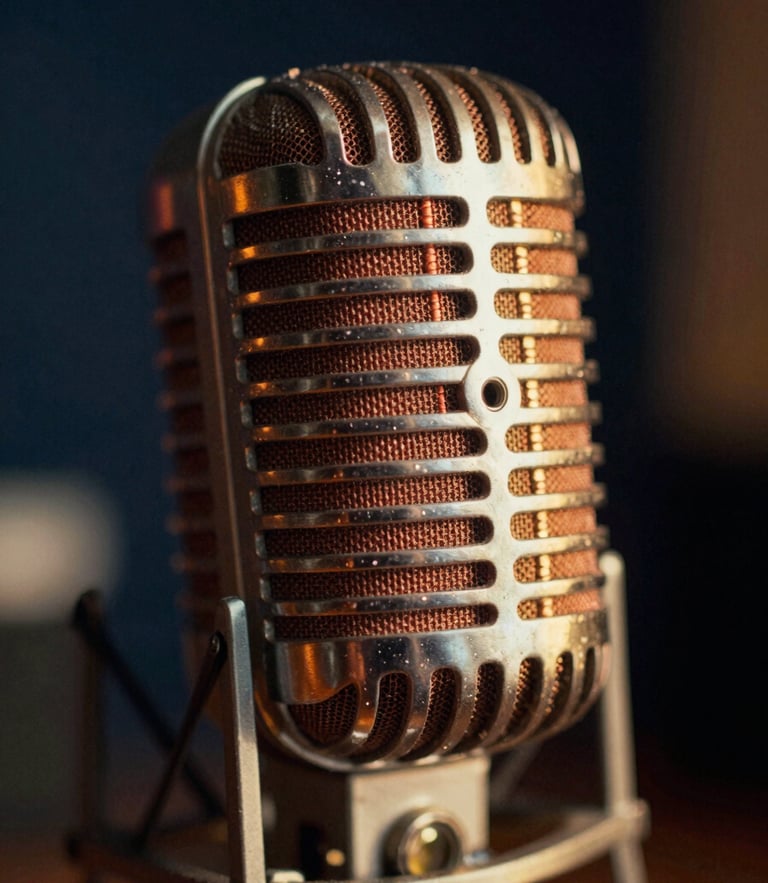Extreme close-up of a vintage tube microphone in a dimly lit studio, warm golden-hour light reflecting on the copper mesh, soft focus background, 35mm film style