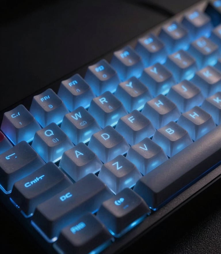 Extreme macro shot of a premium mechanical keyboard with translucent keycaps, glowing electric blue RGB backlighting, low-key dramatic studio lighting, dark charcoal background