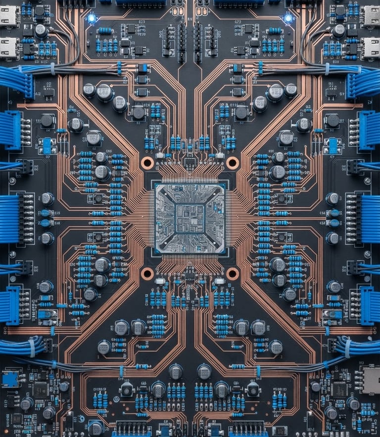 Symmetrical overhead shot of clean copper wiring and organized electrical components, bright cool white lighting, electric blue accents, sharp focus, macro details, 50mm