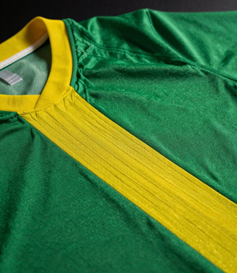 Detailed close-up of classic green and yellow soccer jersey embroidery, high contrast, dramatic studio lighting, dark background