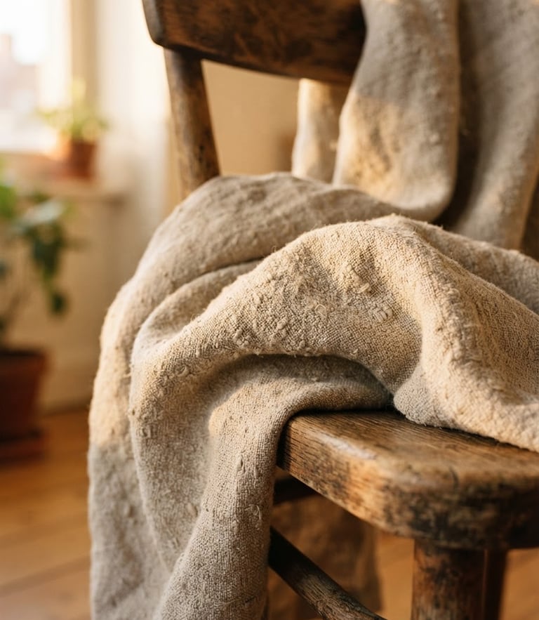 Macro close-up of heavy-weight raw linen slub with unforced drape on a wooden chair, low-angle warm golden-hour window light, rich tactile textures, 35mm