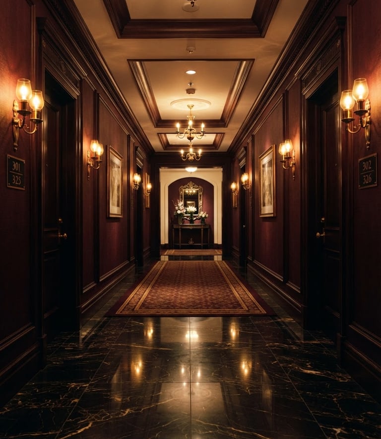 Symmetrical architectural shot of a luxury hotel corridor, polished marble floor reflecting warm golden light, deep burgundy walls, dramatic low-key lighting, 35mm.